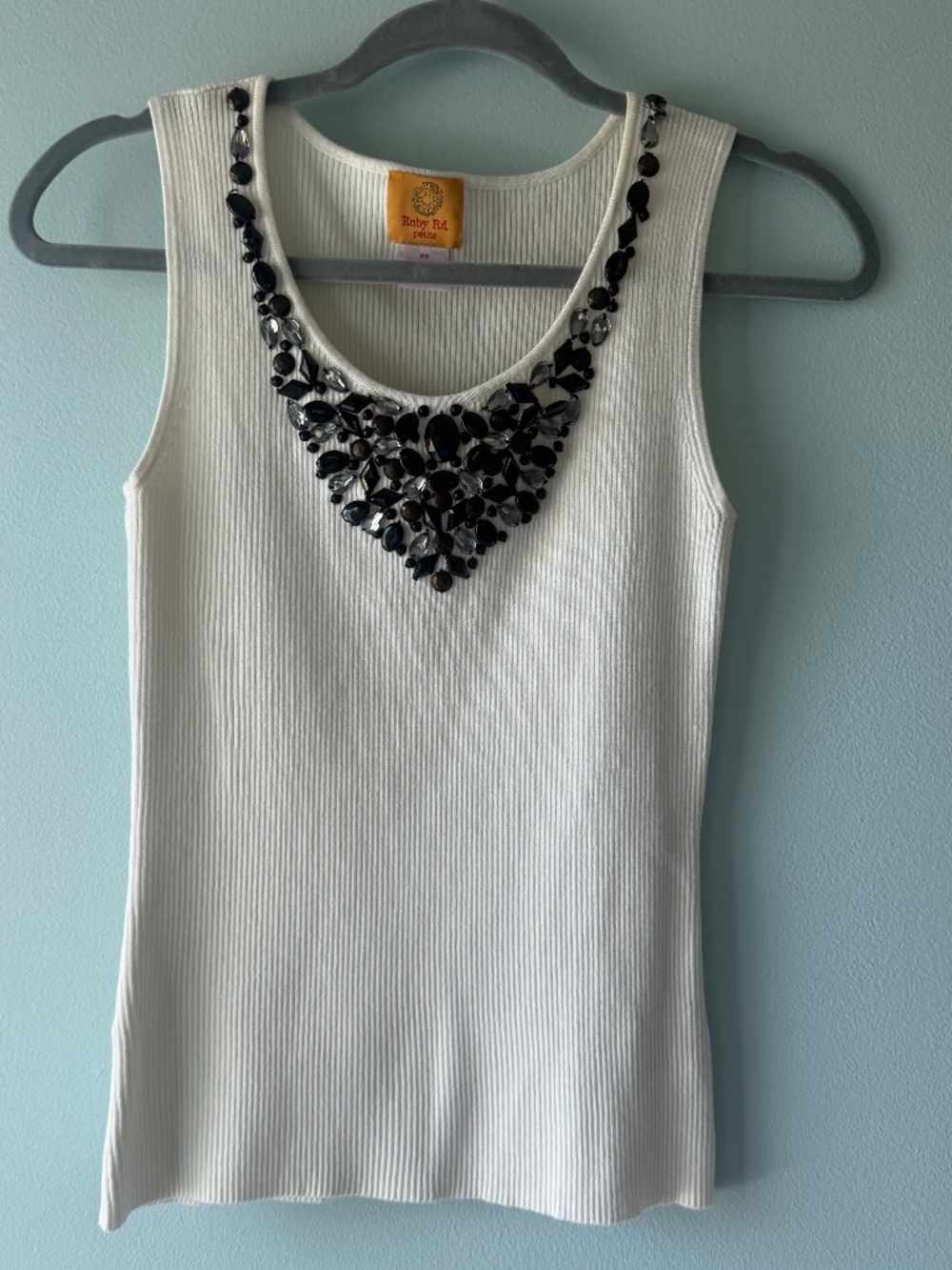 Ruby Rd. Petite Ivory ribbed knit tank with  intricately beaded scooped neck